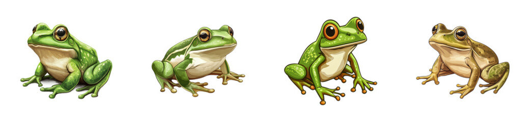 Four lifelike frogs in realistic artistic representation, cut out - stock png