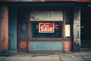 Abandoned Storefront with For Sale Sign in Urban Environment, Evoking Sense of Opportunity and Change in Business Landscape