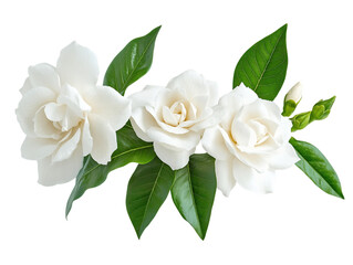 Obraz premium Three White Gardenias with Lush Green Leaves on Transparent Background, PNG