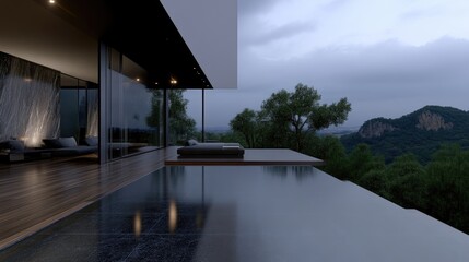 Obraz premium Modern luxury home with infinity pool overlooking a mountain vista at twilight