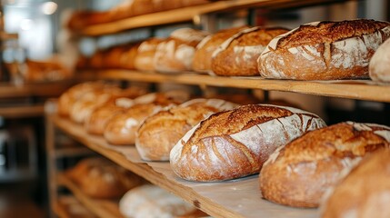 A bakery display showcasing rows of freshly baked sourdough bread on wooden shelves in a bakery shop