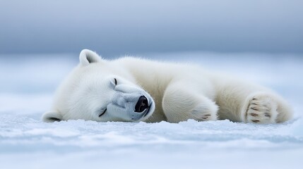 A sleeping polar bear cub resting peacefully on icy surface