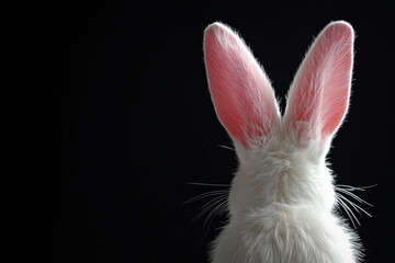 Obraz premium White bunny seen from behind with pink ears on black background, minimal concept with animal silhouette
