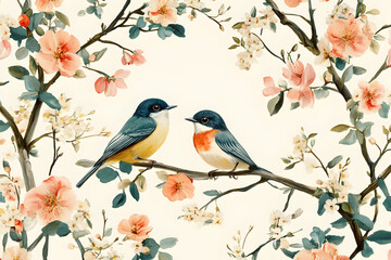 Two birds perched on a branch with peach blossoms