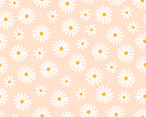 Spring seamless pattern. Cute white flowers on a light beige background. Meadow of daisies.