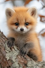 Obraz premium Adorable baby fox perched on a tree branch.