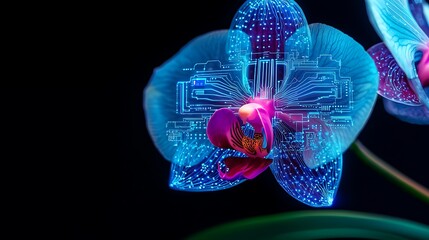 A vibrant orchid with a digital circuit pattern overlay, merging nature and technology in a striking visual contrast.