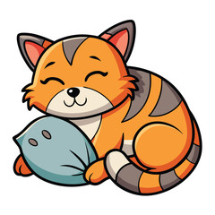 Cartoon Orange Tabby Cat Curled Up and Sleeping on a Soft Blue Pillow Comfortably