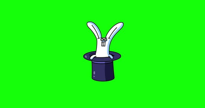 Rabbit white color in navy blue top hat green screen background. Cartoon animated magic fairy tales story or book character on greenbox backdrop.