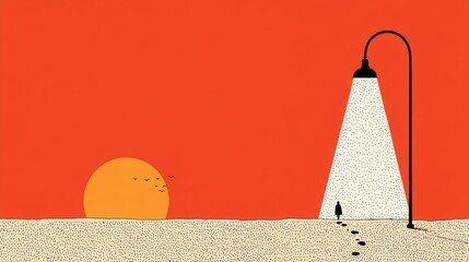 Fototapeta premium Solitary Figure Under Streetlight at Sunset Minimalist Digital Illustration