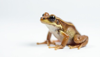 Small brown frog against plain white backdrop, ground, nature, closeup