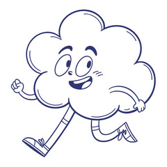 Cartoon Outline Happy Cloud Character Running with Smile on White Background, Weather Icon