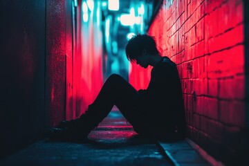 Silhouette of a person sits in a neon lit alley, facing downward. Can be used for themes of isolation, urban life, or dark feelings.