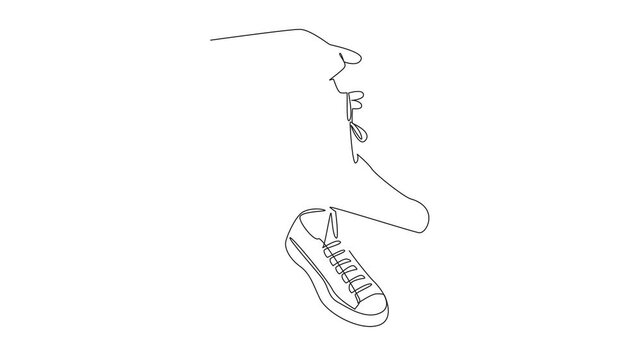 Animation of single continuous line drawing a pair of sneakers with laces hanging from the fingers. Easy to carry. Attracts attention. National Two Different Colored Shoes Day. Full length motion
