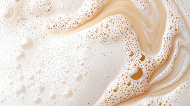 Close-up of creamy foam texture with bubbles swirled throughout the frothy surface.