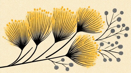 Stylized Yellow and Gray Floral Illustration on Beige Background