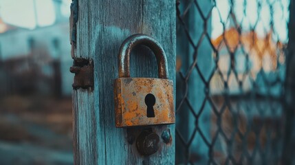An Old Weathered Padlock Hanging On A Wooden Post