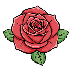 Cartoon Red Rose Blossom with Green Leaves Isolated on White Backdrop