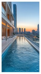 Fototapeta premium Rooftop pool reflects city lights evening glow