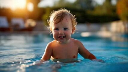 Joyful Toddler in Pool: A happy toddler splashes and plays in a crystal-clear swimming pool, bathed in warm sunlight, capturing the pure joy and freedom of childhood.