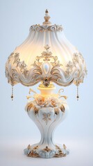 Elegant White and Gold Ornate Floral Table Lamp with Pleated Shade