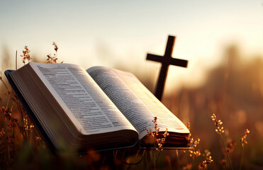 Holy Bible in field with cross in sunlight symbolizing Good Friday