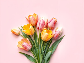Colorful tulip bouquet on soft pink background, perfect for spring and floral-themed compositions. Generative AI