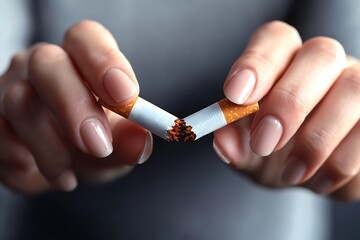 Woman breaks cigarette with quits smoking.