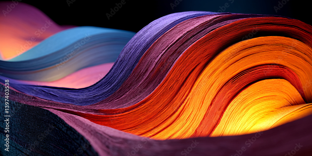Poster abstract image of layered, textured paper in orange, purple, and blue hues, creating flowing, wave-l