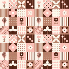 Summer Abstract Geometric Seamless Pattern with flowers, dots, stripes
