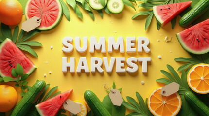 A colorful arrangement highlights summer harvest with slices of watermelon, oranges, cucumbers, and decorative leaves, creating an inviting atmosphere for seasonal celebrations