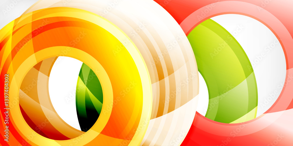Poster Abstract design features overlapping translucent circles. Yellow, green, white, peach hues blend creating dynamic visual effect. Smooth gradients suggest movement, depth.