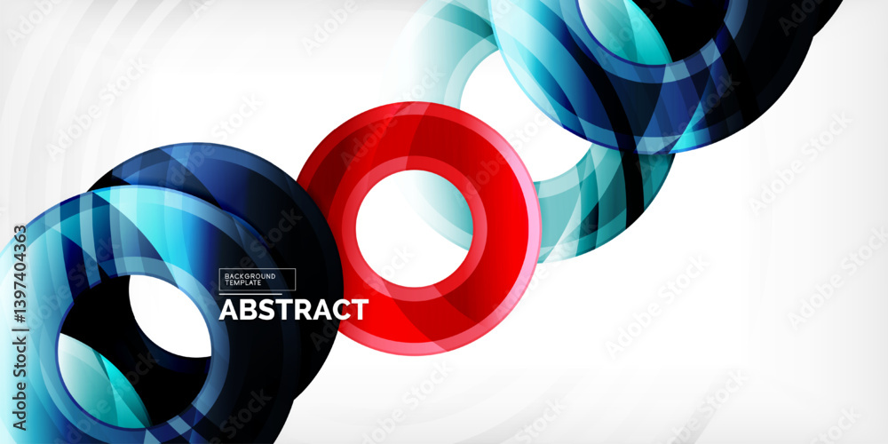 Poster Dynamic abstract design features flowing shapes, vibrant colors. Blue, red elements create modern visual impact. Smooth gradients suggest movement, energy. Clean white background enhances composition.