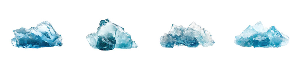 Four blue crystals displaying varied shapes and textures, cut out - stock png