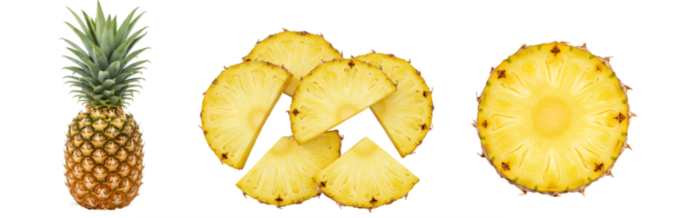 pineapple set png. pineapple fruit cut in half top view flat lay isolated. fresh and ripe pineapple full of vitamins and water isolated. juicy, exotic and tropical pineapple fruit png for summertime
