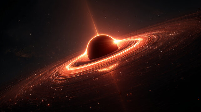 Orange glowing accretion disk surrounding black hole, cosmic event, powerful energy, celestial phenomenon, space, astronomy, universe, galaxy