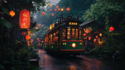 Obraz premium Vintage tram in a vibrant, misty mountain village at night. Illuminated lanterns and traditional architecture line the narrow street