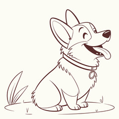 Cartoon Smiling Corgi Dog Outline Sitting on Grass Isolated on Pale Yellow Background