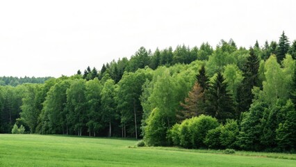 Fototapeta premium Lush green forest panorama: isolated deciduous and coniferous trees against a wide, vibrant horizon.