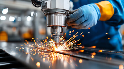 Close-up of a worker using a CNC machine to cut metal.