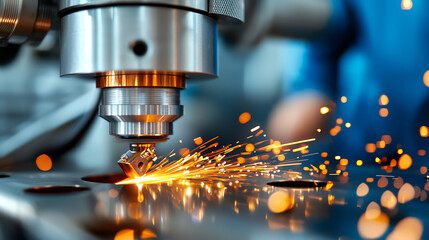 Close-up of a CNC machine drilling a metal part with sparks flying.