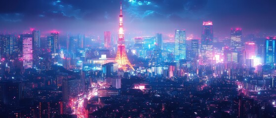 Obraz premium Illuminated cityscape glows with vibrant electric colors.