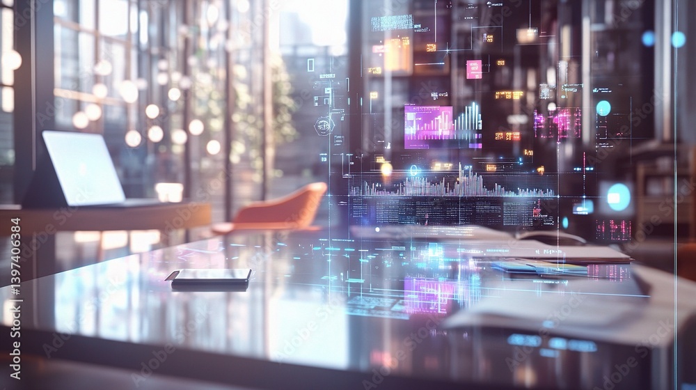 Poster high-tech workspace with augmented reality visuals and data interface