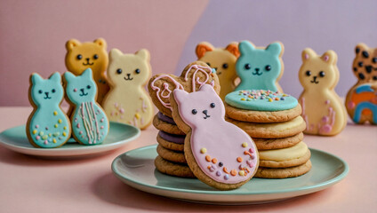 Cute animal-shaped cookies placed on a pastel-colored plate with a whimsical background.