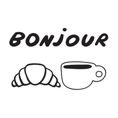 Bonjour. Cute outline croissant and cup of coffee. Hand-drawn illustration. Vector design on white background. © Igor
