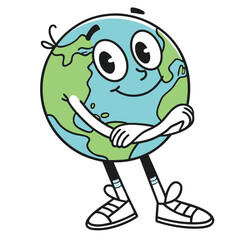 Cartoon Style Earth Character with Arms Crossed, Shoes, Smiling, Line Art Design