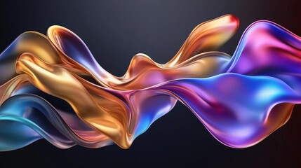 A vibrant, flowing abstract design featuring smooth curves in shades of blue, orange, and purple against a dark background.