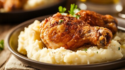 Golden brown fried chicken served on a bed of creamy mashed potatoes garnished with fresh parsley
