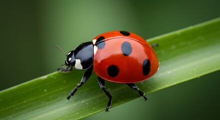 Naklejka premium Red Ladybug on Green Leaf Macro Close Up