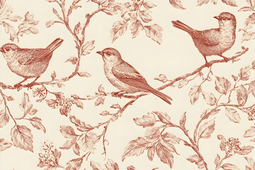 Birds on branches with leaves and flower pattern art